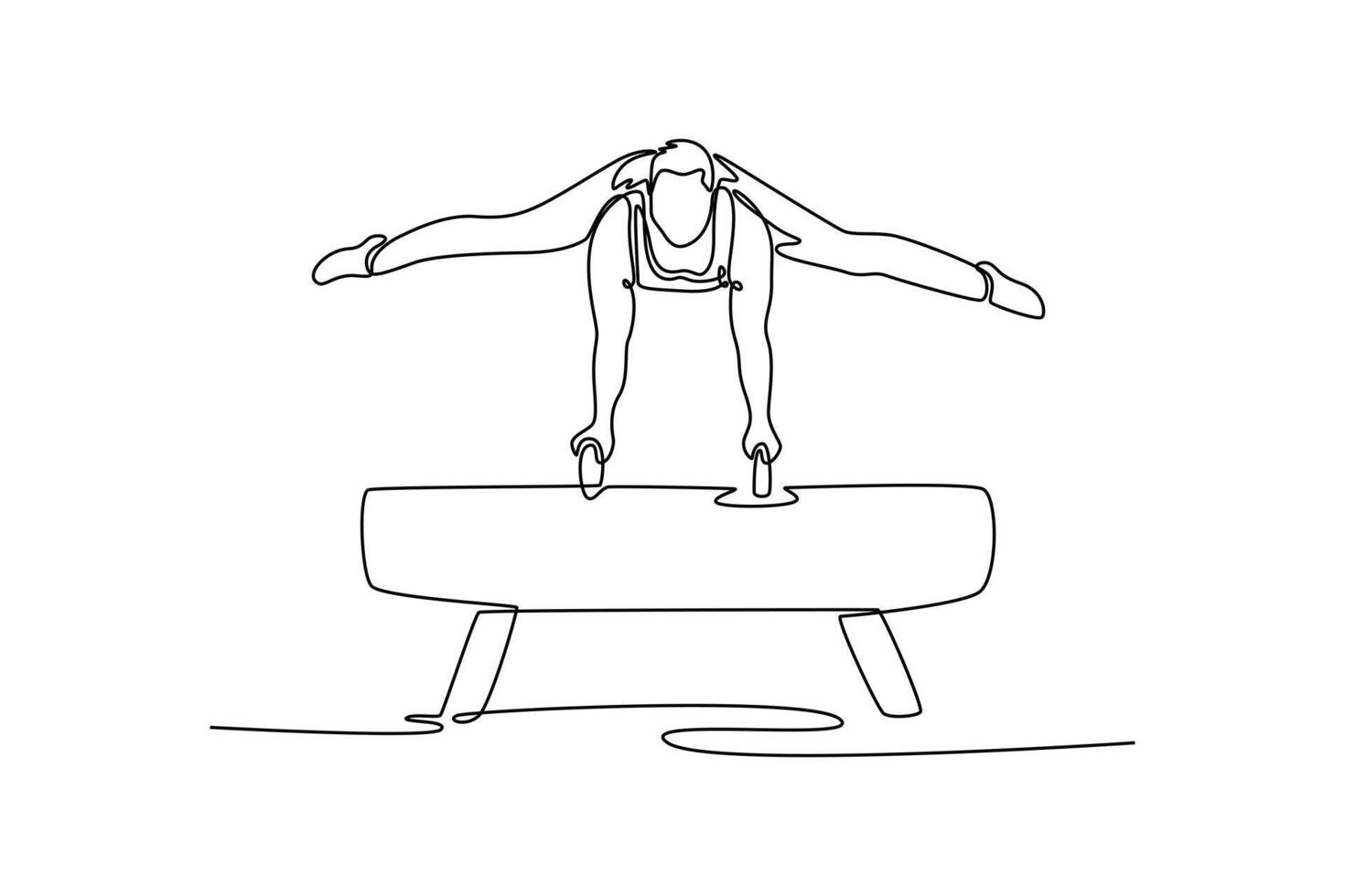 Single one line drawing athlete gymnast exercise pommel horse in championship gymnastics artistic, summer sport games. Man perform acrobatic motion. Continuous line design graphic illustration vector