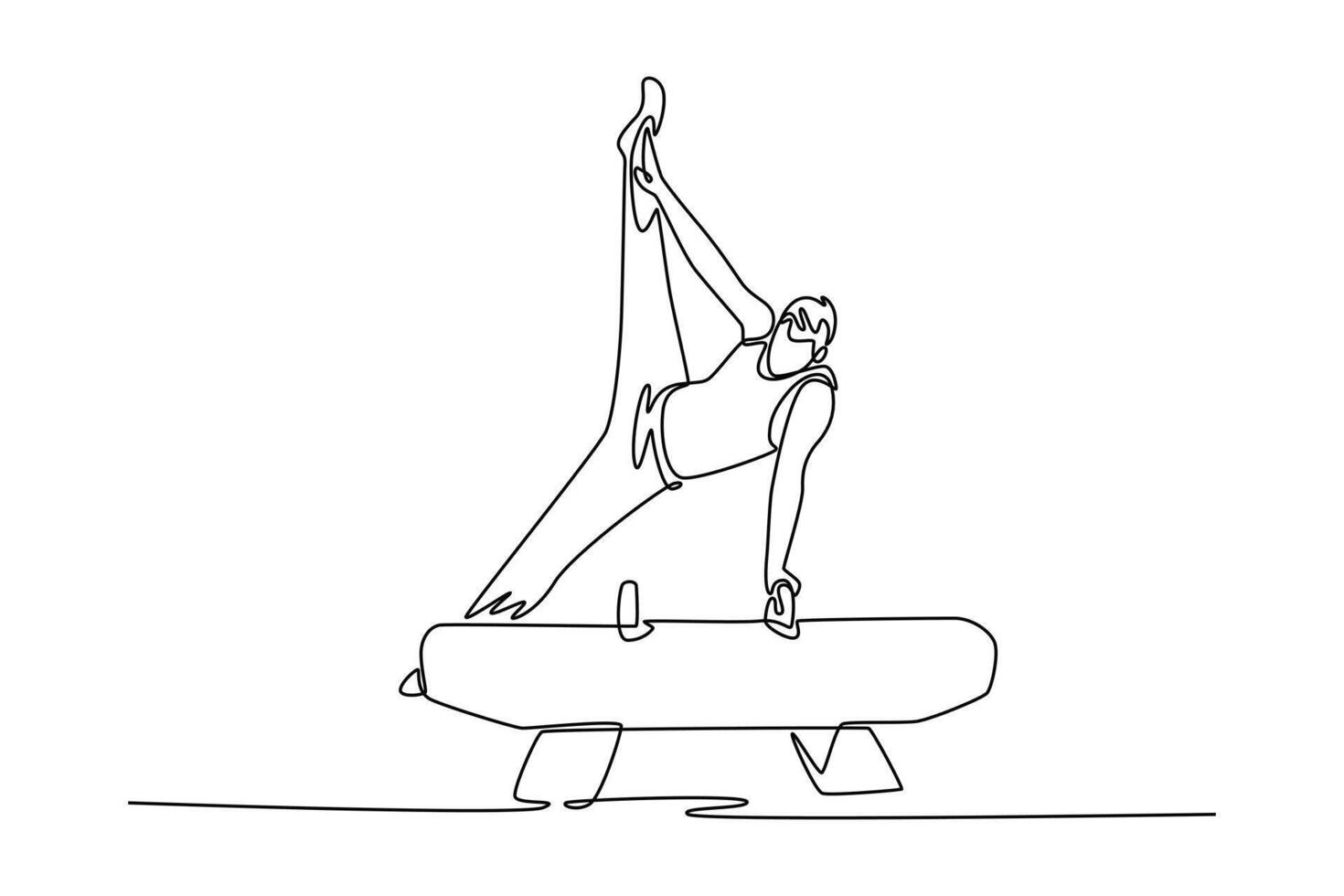 Single one line drawing male gymnast doing a scissor kick on the pommel horse. Flexible man athlete training in gym. Healthy lifestyle. Modern continuous line draw design graphic illustration vector