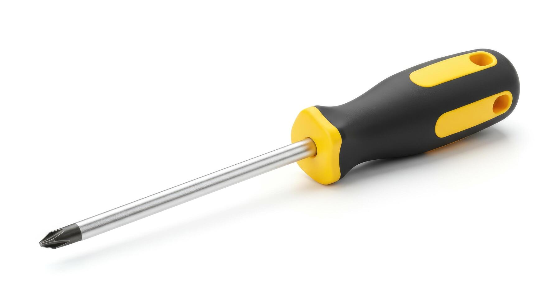 A screwdriver with a yellow handle on a white background photo