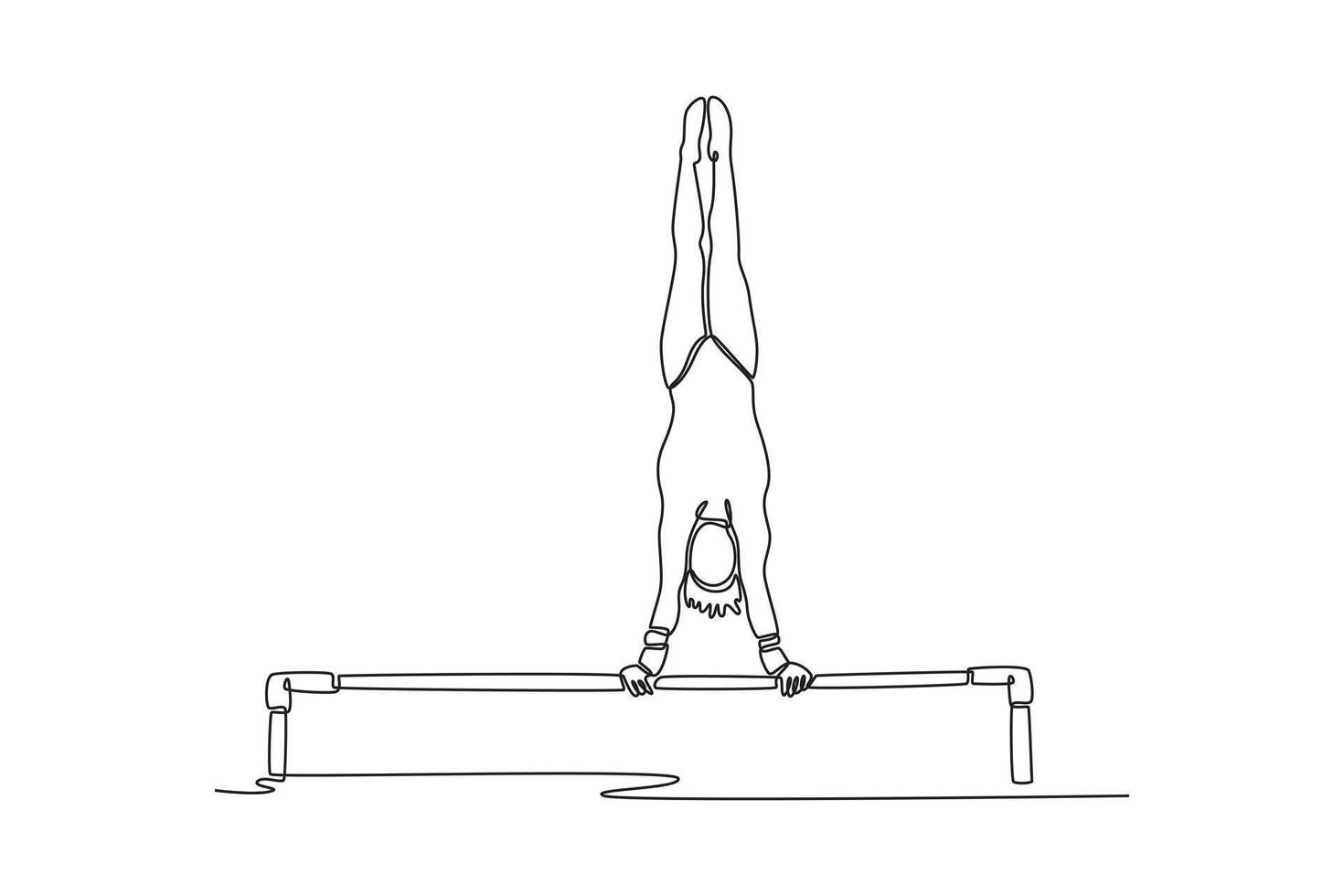 Single continuous line drawing young girl gymnast performing handstand on uneven bars in professional gym. Doing calisthenics core stability exercise. One line draw graphic design illustration vector