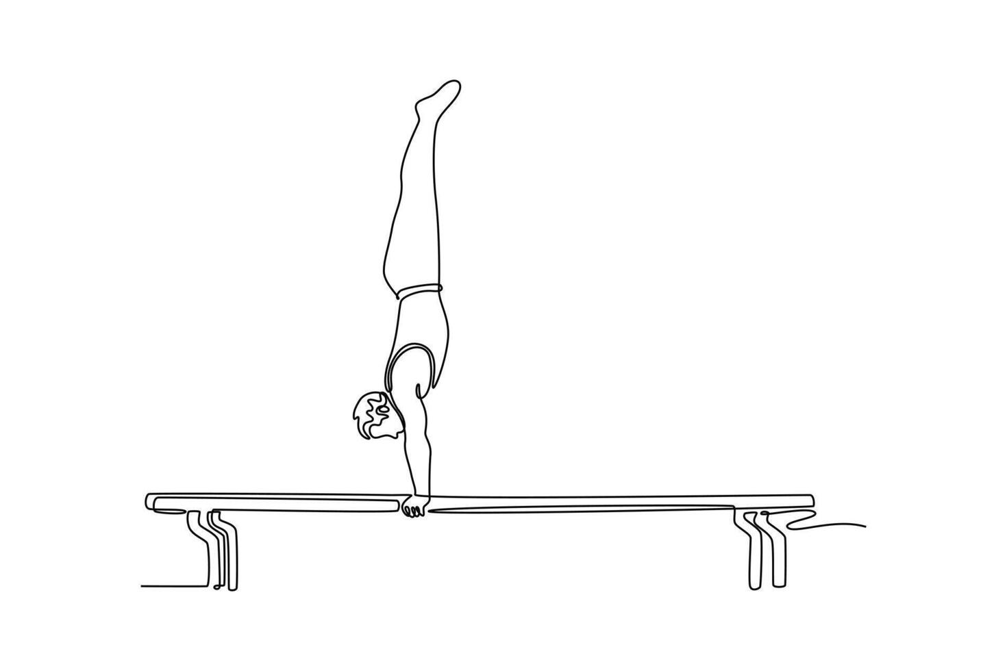Single continuous line drawing male gymnast performing upside down handstand parallel bars in arena. Movement, action, motion, dynamic concept. Dynamic one line draw graphic design illustration vector