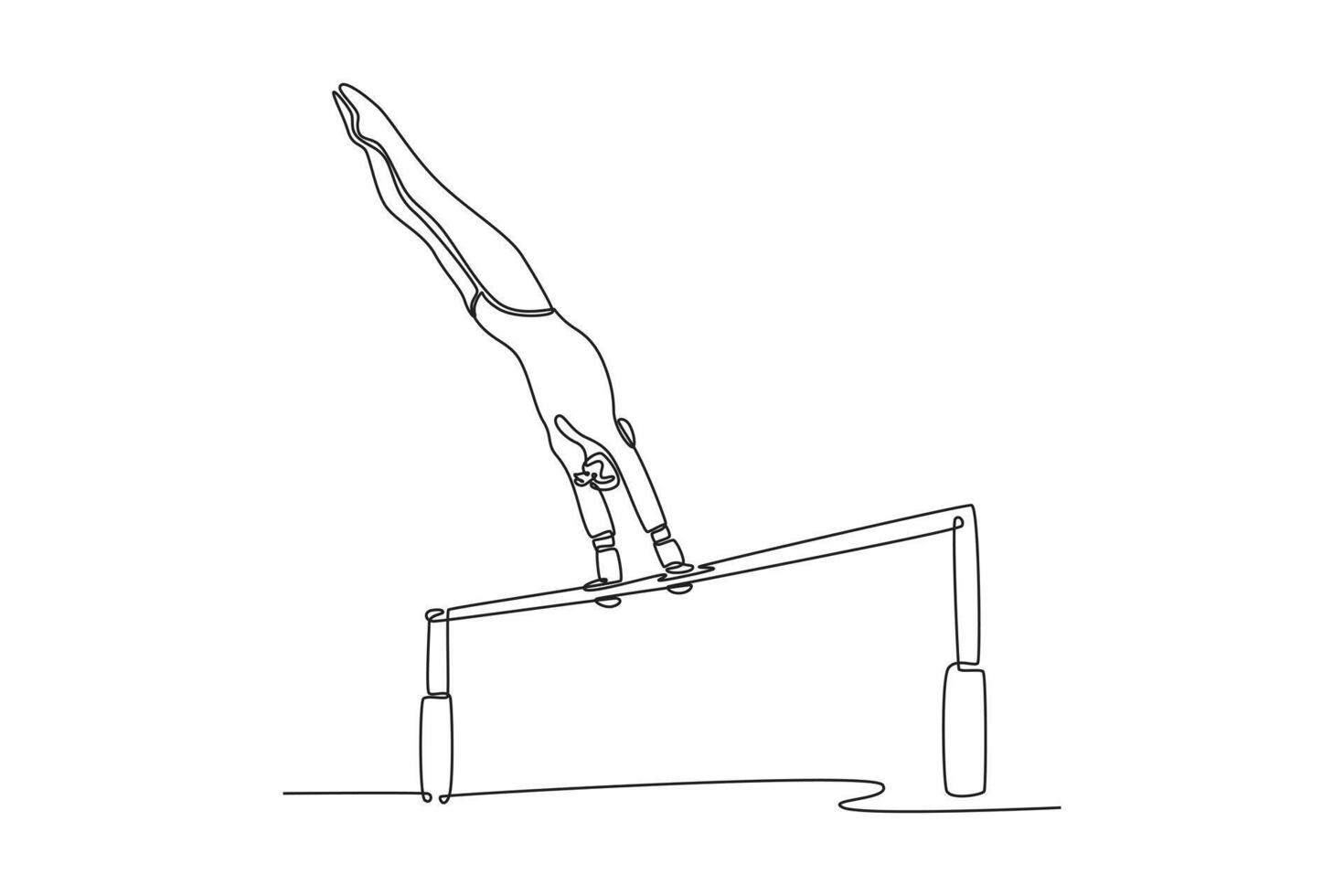 Single continuous line drawing attractive female gymnast performing on uneven bars competition artistic gymnastics. Fit gymnast athlete in sportswear. One line draw graphic design illustration vector