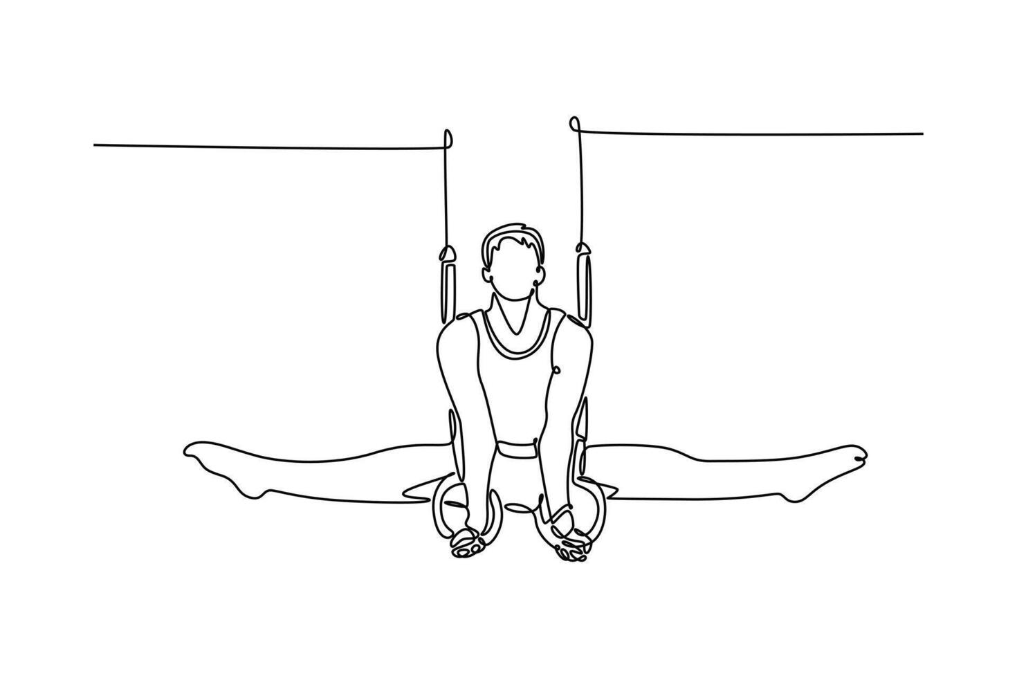 Continuous one line drawing muscular male gymnast exercising on gymnastic rings in modern health club. Gymnast athlete perform stunt in sportswear. Single line draw design graphic illustration vector