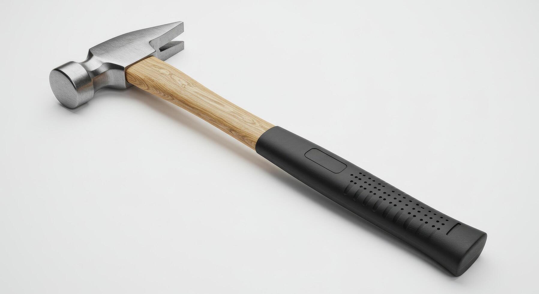A hammer on a white surface with a wooden handle photo