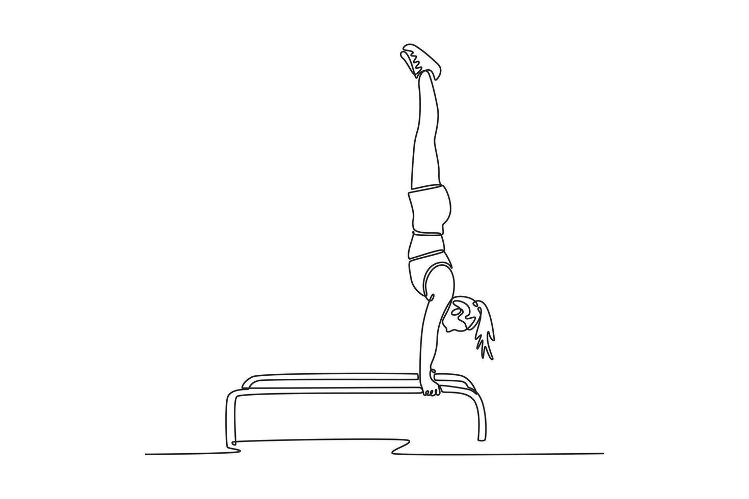 Single continuous line drawing woman athlete gymnast doing handstand on parallel bars competition artistic gymnastic. Perform acrobatic motion. Dynamic one line draw graphic design illustration vector