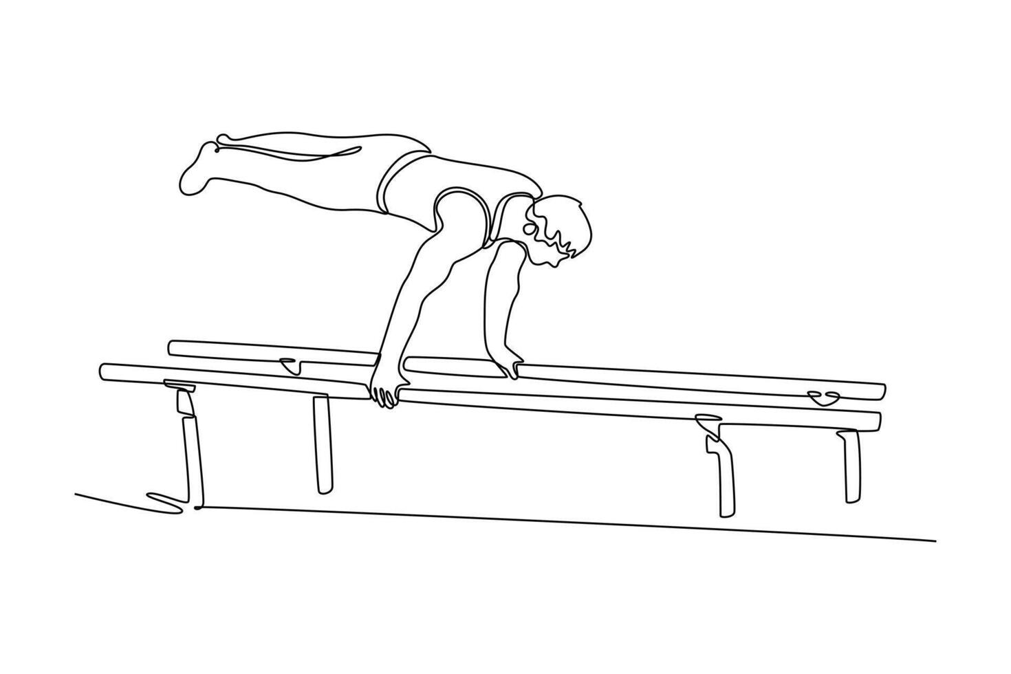 Single continuous line drawing man athlete doing handstand on parallel bars in professional gym. Fit sportsman perform stunt in sports clothes. Dynamic one line draw graphic design illustration vector
