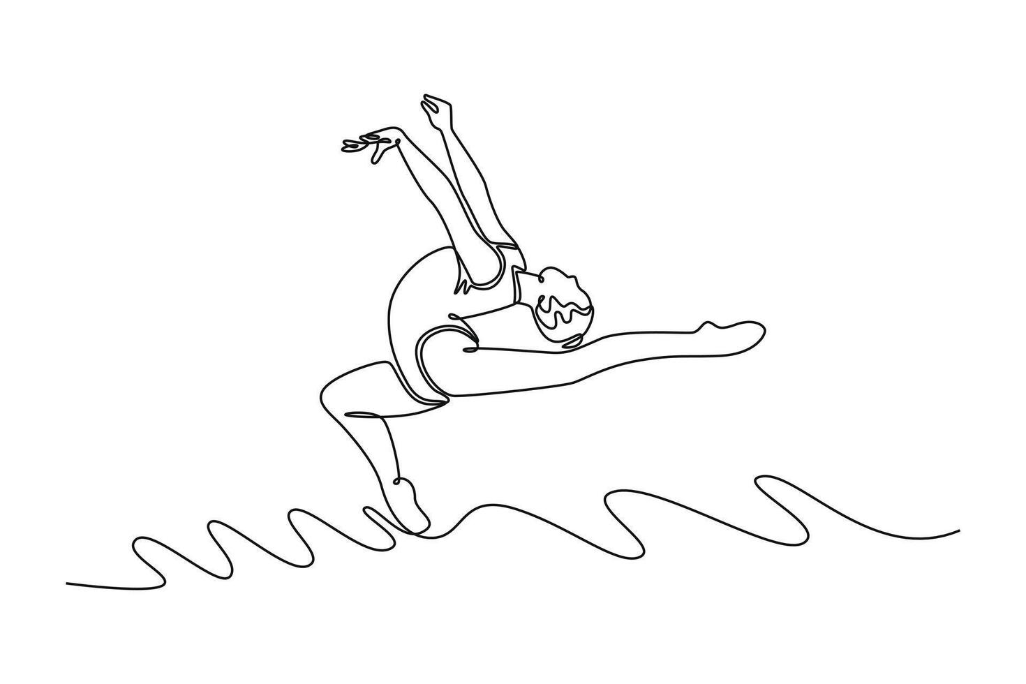 Single continuous line drawing flexible teen girl rhythmic gymnast in dance motion exercise. Sport, beauty, competition, flexibility, active lifestyle. One line draw graphic design illustration vector