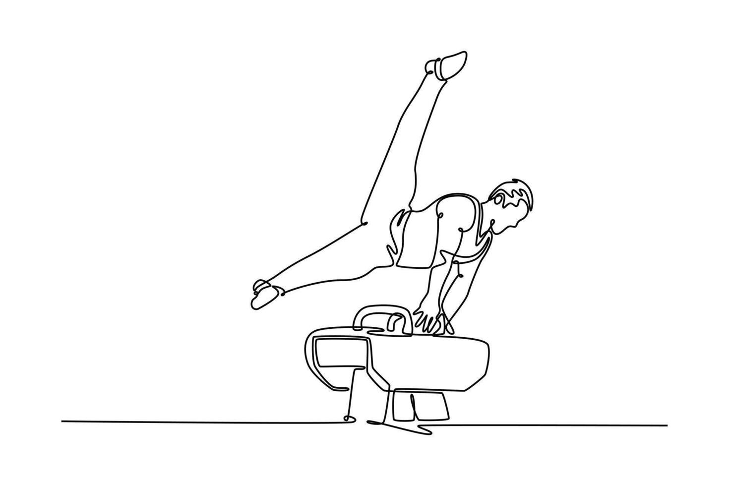 Single one line drawing professional gymnast exercise pommel horse in championship gymnastics, support with hands on horse, swing feet. Modern continuous line draw design graphic illustration vector