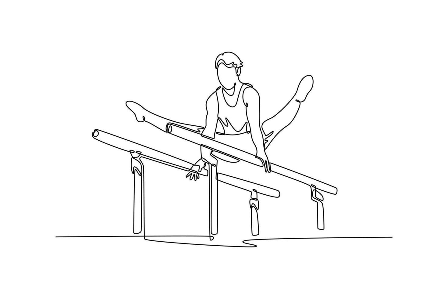 Single continuous line drawing male gymnast training in gym, flexible and active. Athlete in sportswear practicing in exercises for strength, balance. One line draw graphic design illustration vector