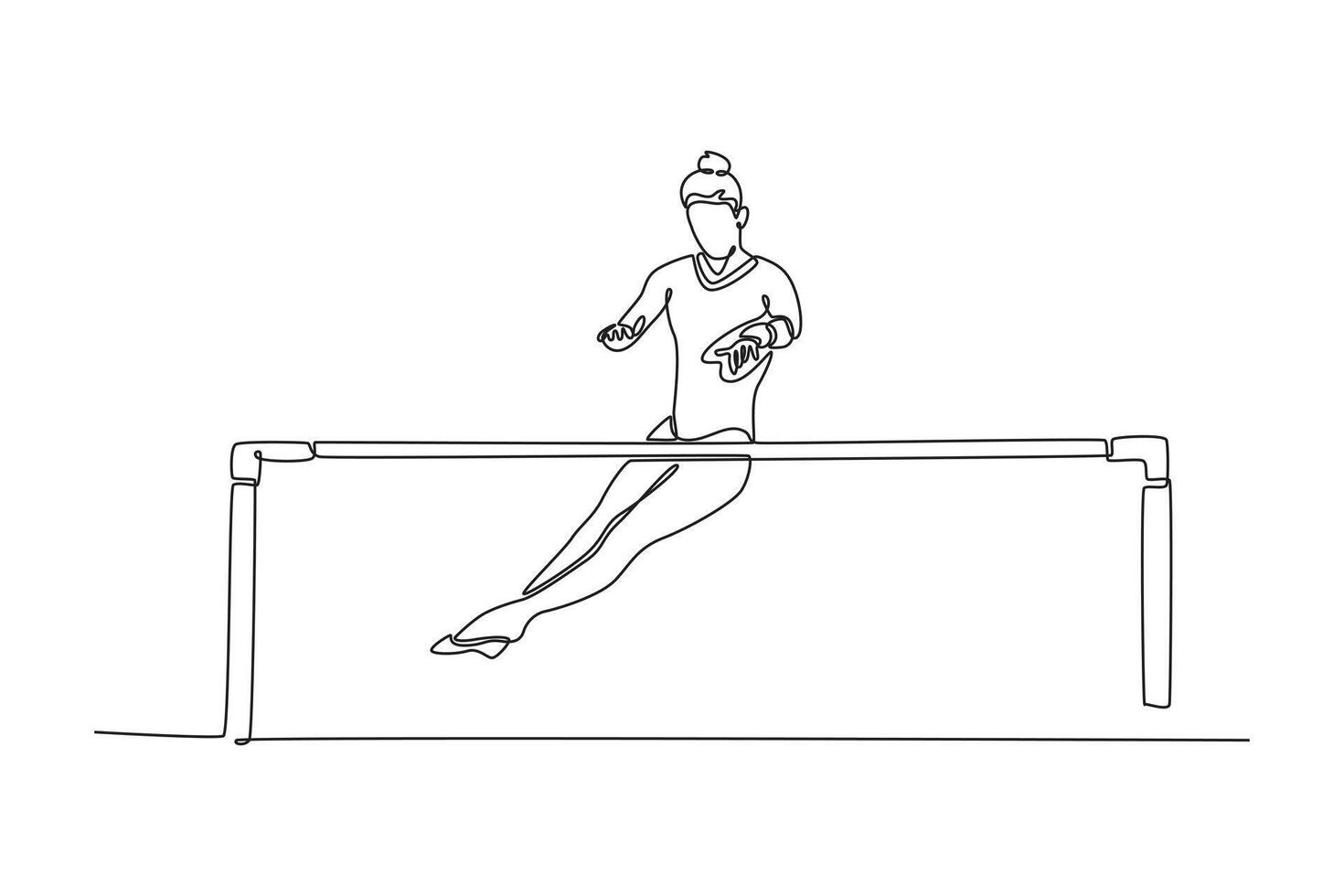 Single continuous line drawing female gymnast swinging and jumping on uneven bars. Flexible woman athlete training in gym. Healthy lifestyle. Dynamic one line draw graphic design illustration vector