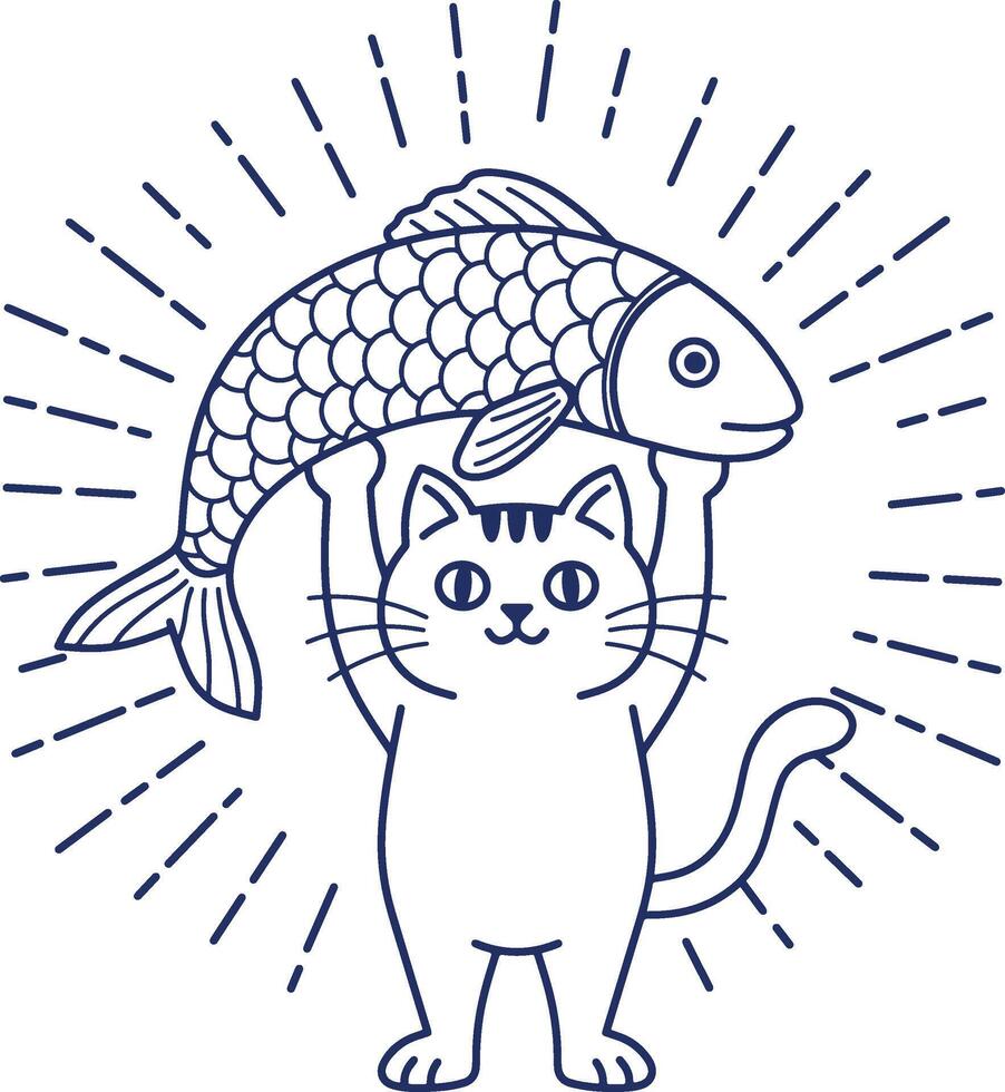 Cat proudly holding up a big fish vector