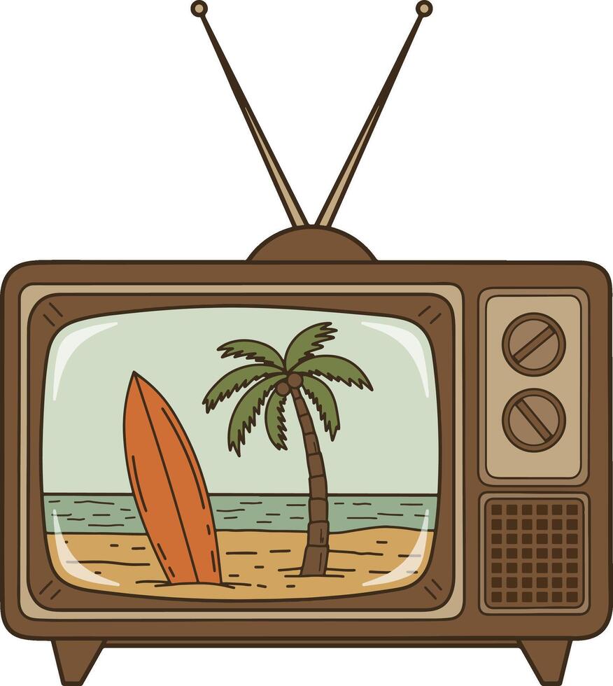 Retro Television with Beach Scene Illustration vector