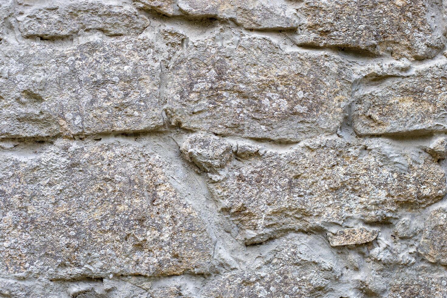 Closeup of a section of masonry with gray, uneven stones held together with cement mortar to form a textured background. photo