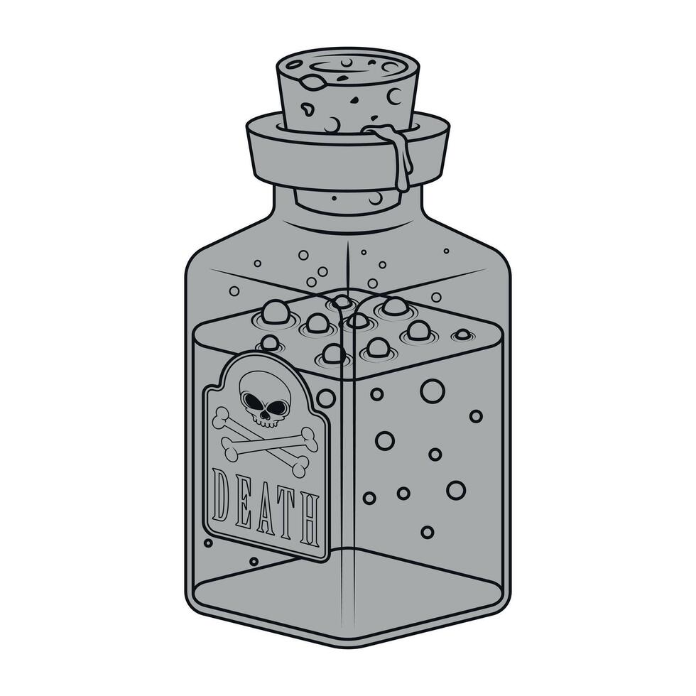 Glass bottle with poisonous substance with, magic potion containers with cork, Bottle labeled as deadly risk vector