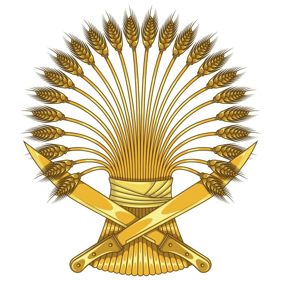 Wheat sheaf with machetes harvest symbol, Wheat ears with machetes, Crossed machetes with wheat ears vector