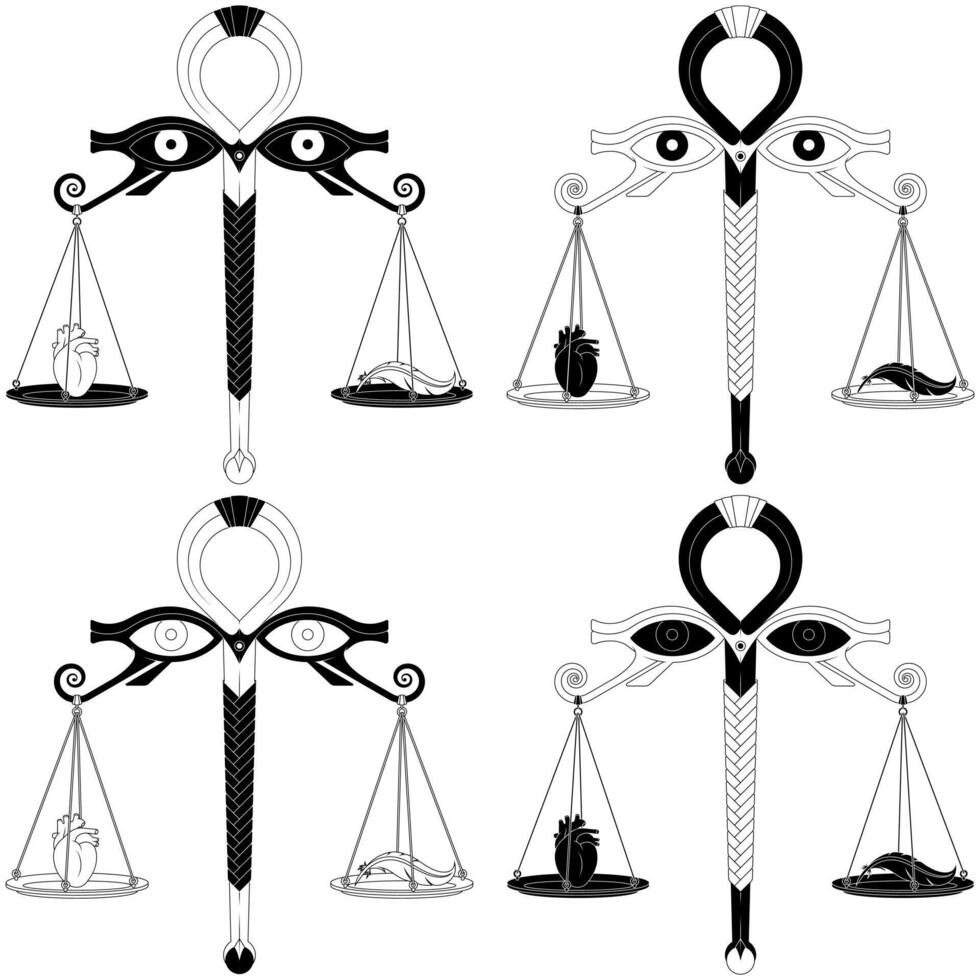 Scales with feather of the truth of the goddess Matt, Egyptian scales weighing a heart and feather vector