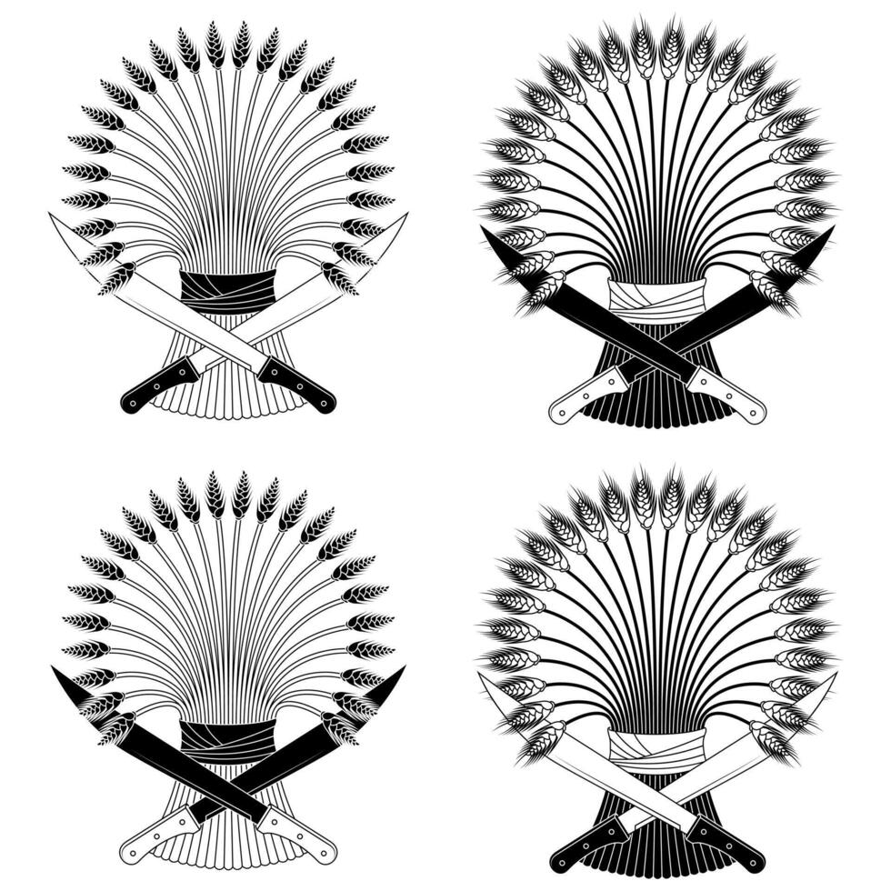 Crossed machetes with wheat ears, Wheat sheaf with machetes harvest symbol, Wheat ears with machetes, Organic farm cereals vector