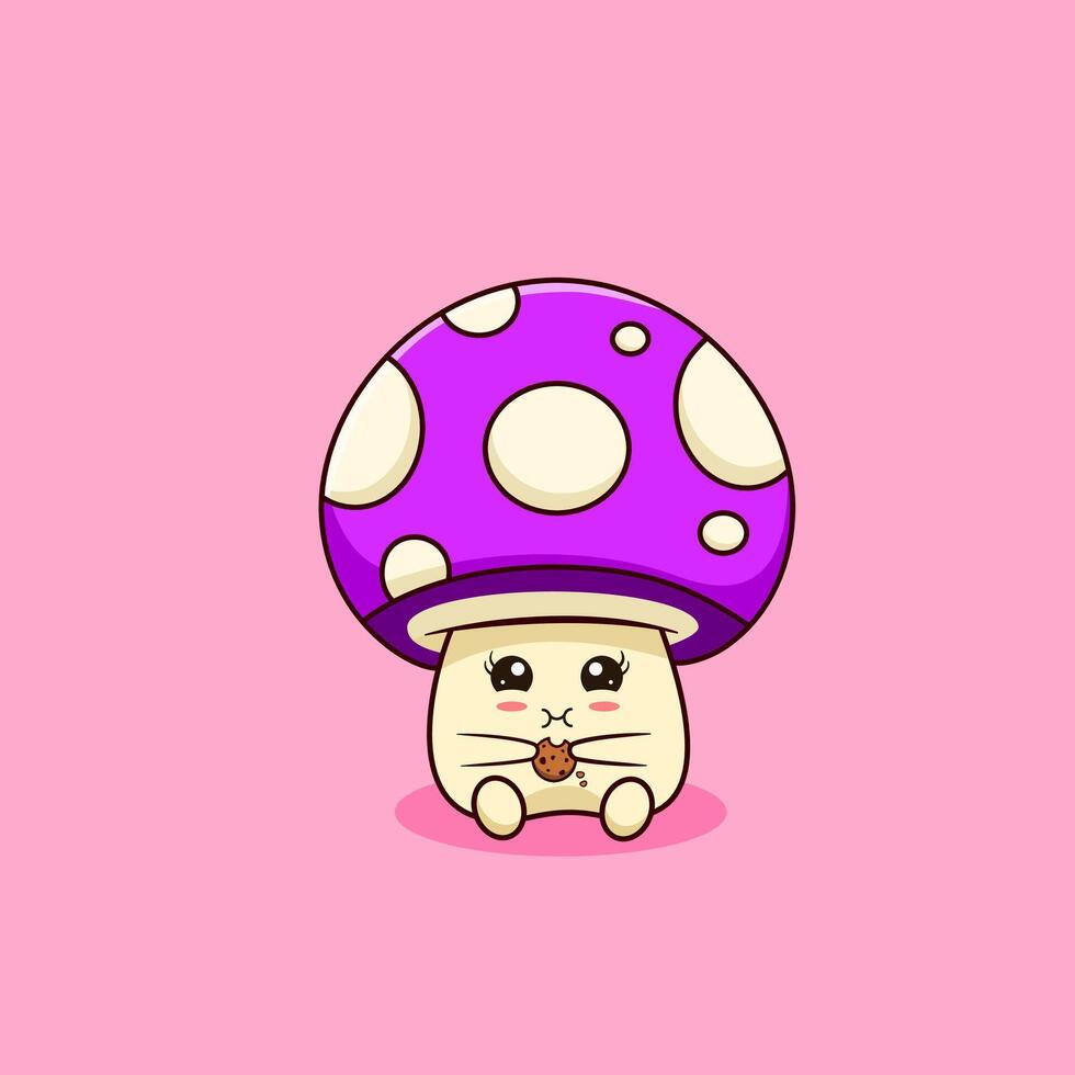 Cute Kawaii Mushroom Eating a Cookie illustration Cartoon Design vector