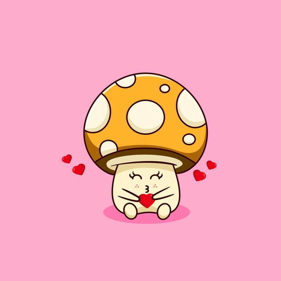 Cute Kawaii Mushroom Sending Kisses with Hearts Illustration Cartoon Design vector