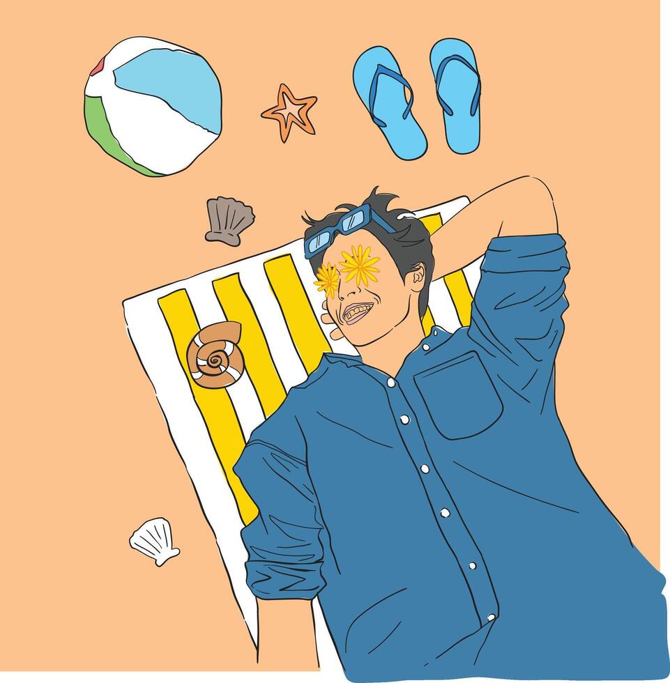 holiday man chilling omn beach illustration vector