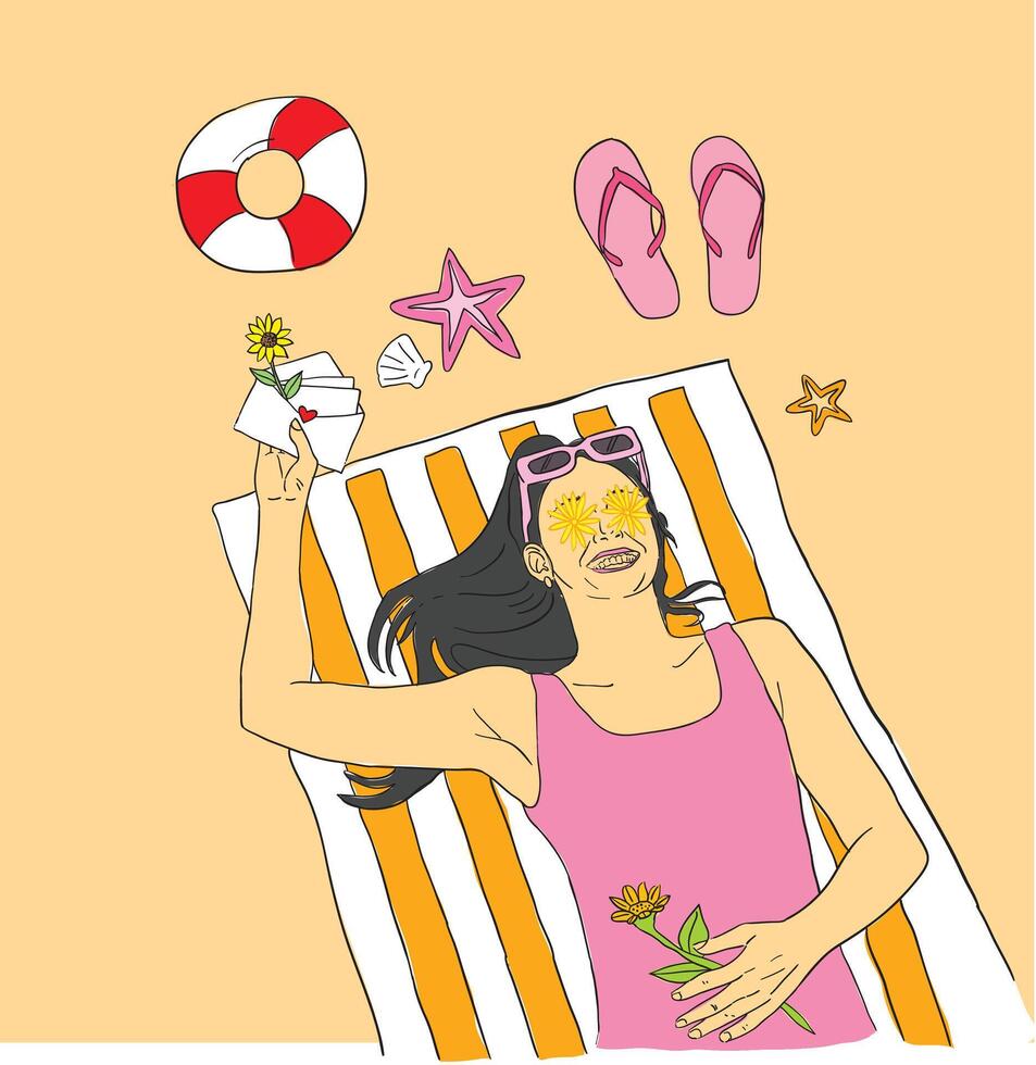 beautiful girl chilling on beach illustration vector
