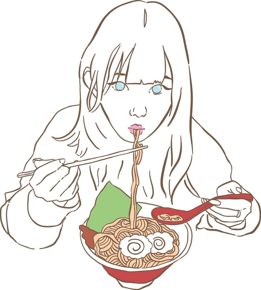 beautiful asian girl eating ramen vector