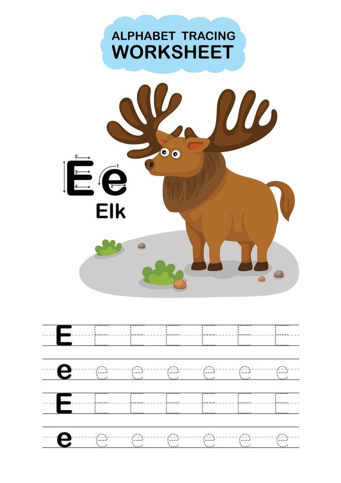 Animal Alphabet Tracing Worksheet Letter E Elk vector