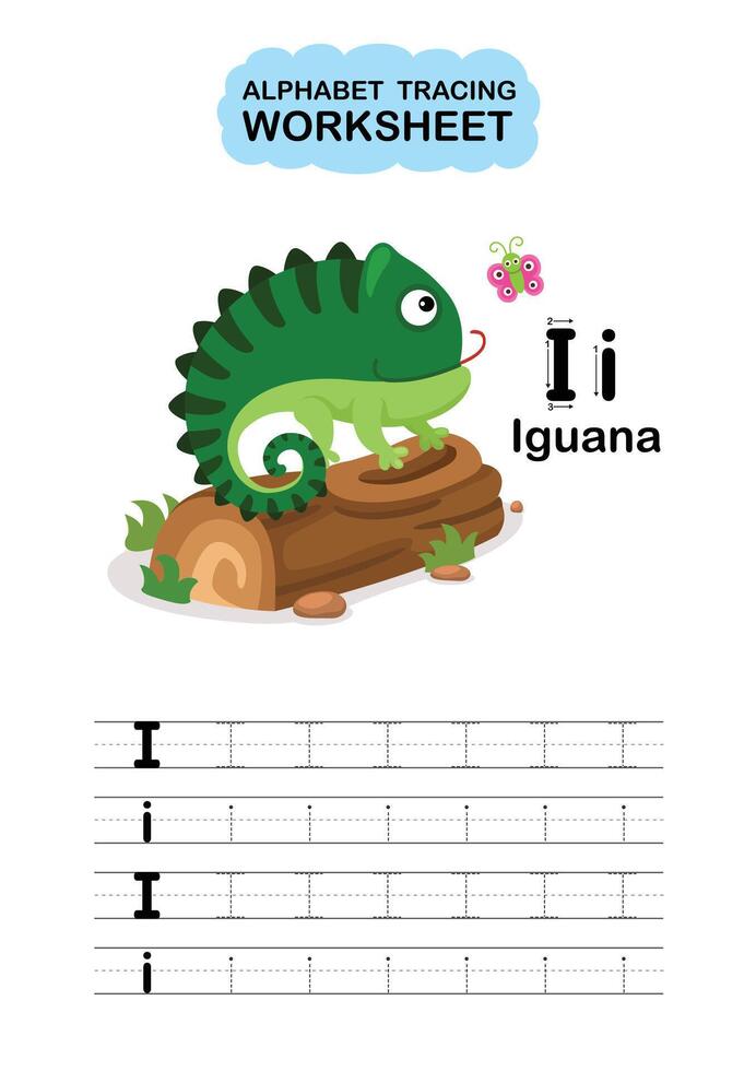 Illustration Isolated Animal Alphabet Tracing Worksheet Letter I Iguana vector