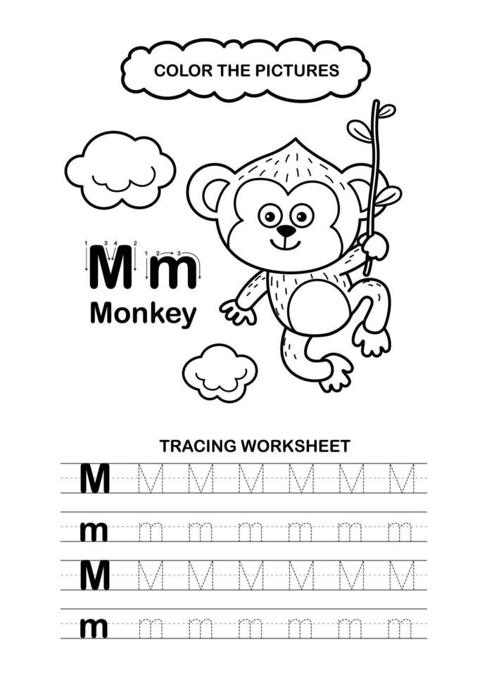 Animal Alphabet Trace and color Letter M Monkey vector