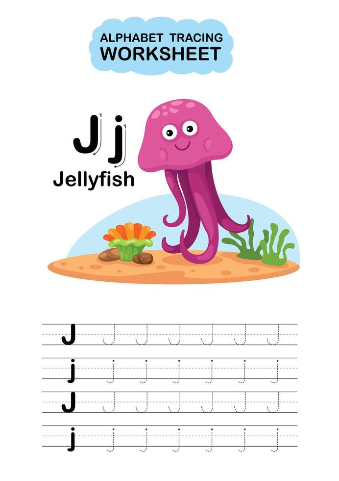 Illustration Isolated Animal Alphabet Tracing Worksheet Letter J Jellyfish vector