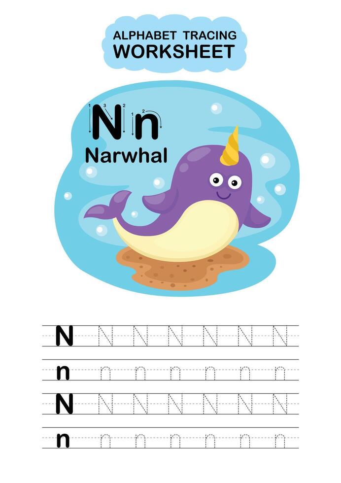 Illustration Isolated Animal Alphabet Tracing Worksheet Letter N Narwhal vector