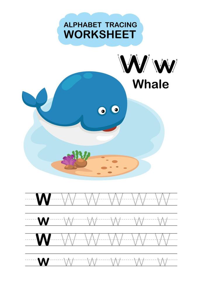 Illustration Isolated Animal Alphabet Tracing Worksheet Letter W Whale vector