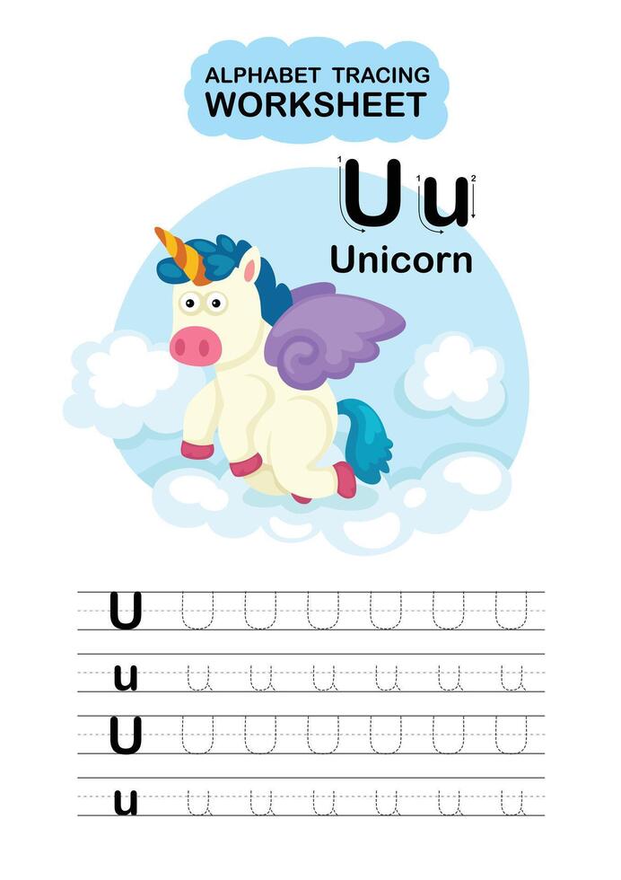 Illustration Isolated Animal Alphabet Tracing Worksheet Letter U Unicorn vector