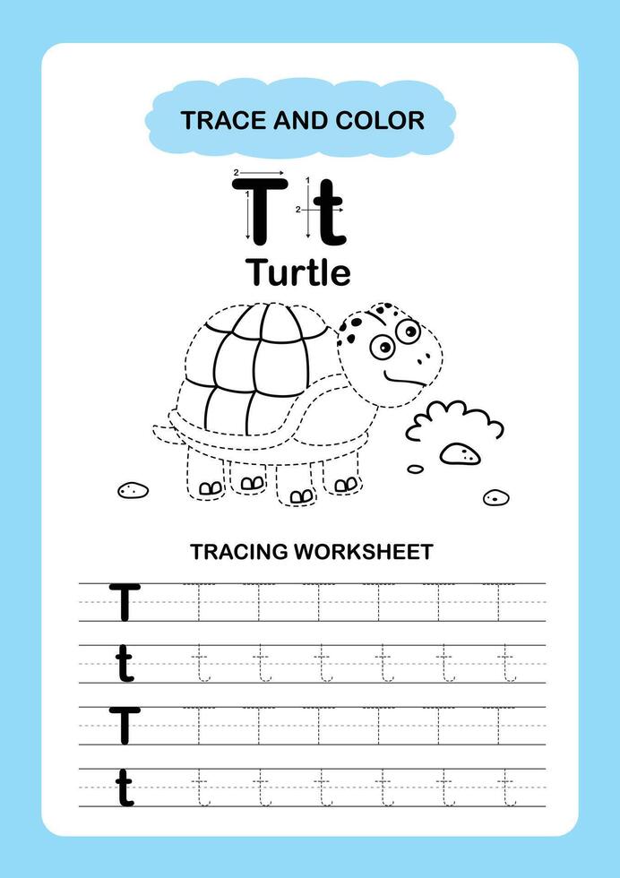 Illustration Isolated Animal Alphabet Trace and color Letter T Turtle vector