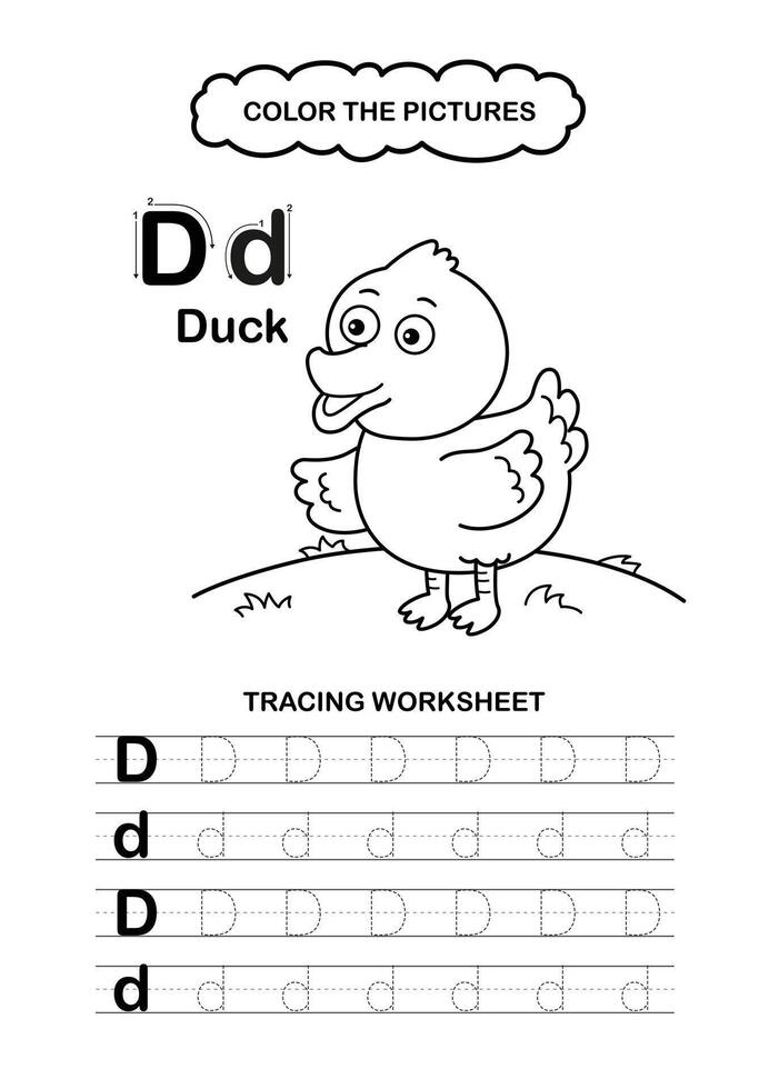Animal Alphabet Trace and color Letter D Duck vector