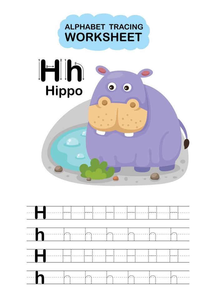 Illustration Isolated Animal Alphabet Tracing Worksheet Letter H Hippo vector