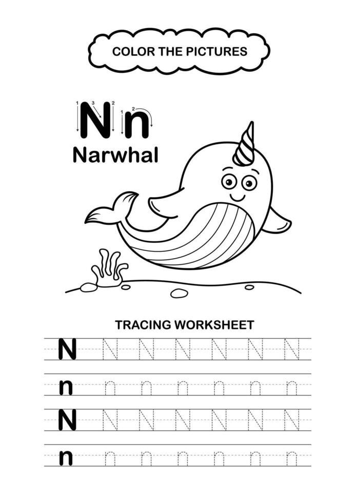 Animal Alphabet Trace and color Letter N Narwhal vector