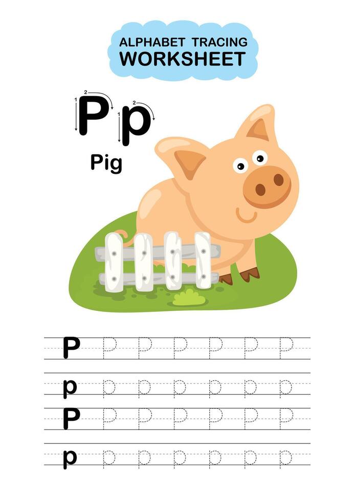 Illustration Isolated Animal Alphabet Tracing Worksheet Letter P Pig vector