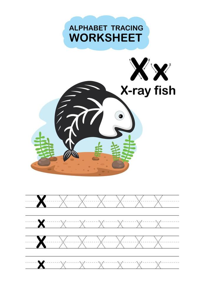 Illustration Isolated Animal Alphabet Tracing Worksheet Letter X x ray fish vector