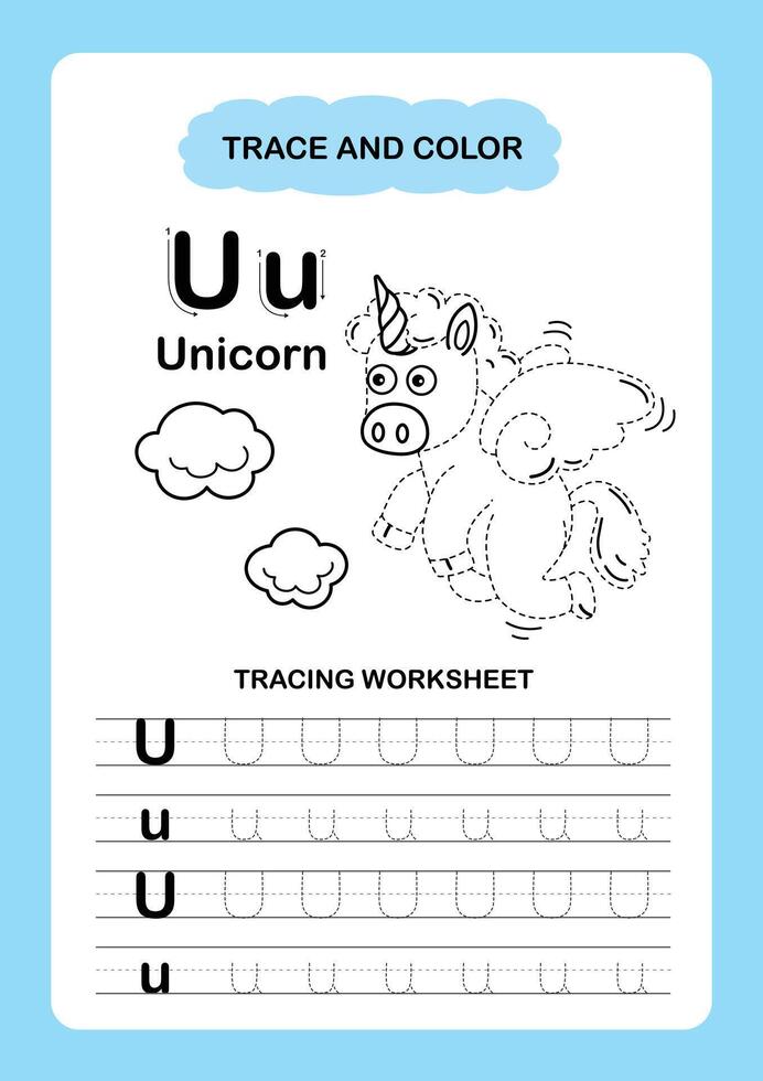 Illustration Isolated Animal Alphabet Trace and color Letter U Unicorn vector