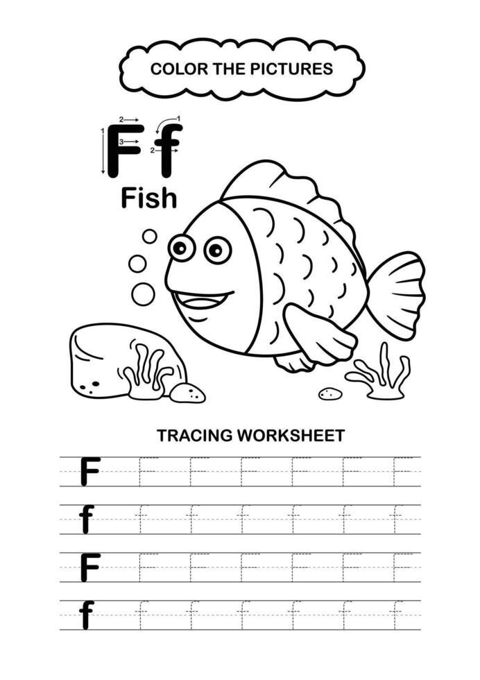 Animal Alphabet Trace and color Letter F Fish vector