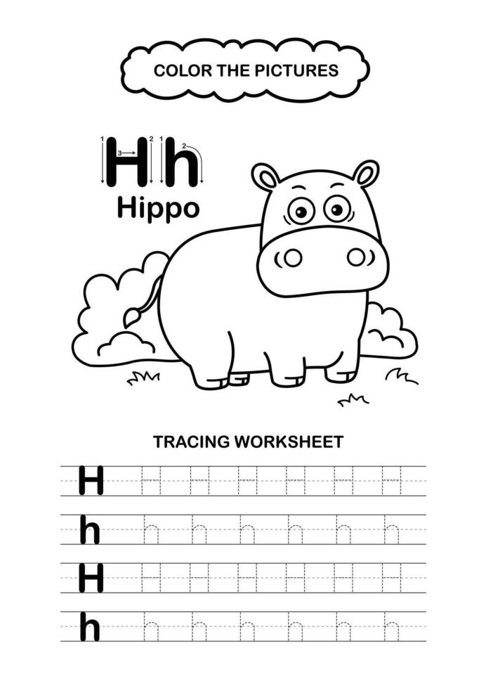 Animal Alphabet Trace and color Letter H Hippo vector