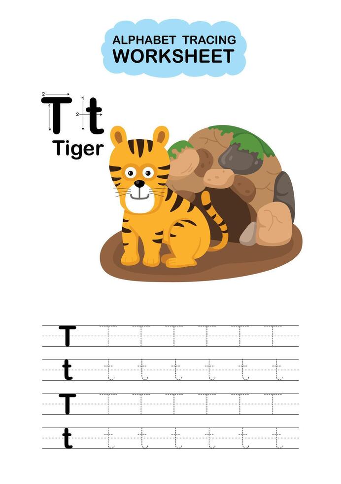 Illustration Isolated Animal Alphabet Tracing Worksheet Letter T Tiger vector