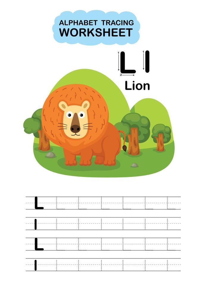 Illustration Isolated Animal Alphabet Tracing Worksheet Letter L Lion vector