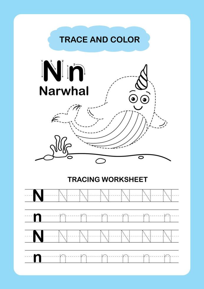 Illustration Isolated Animal Alphabet Trace and color Letter N Narwhal vector