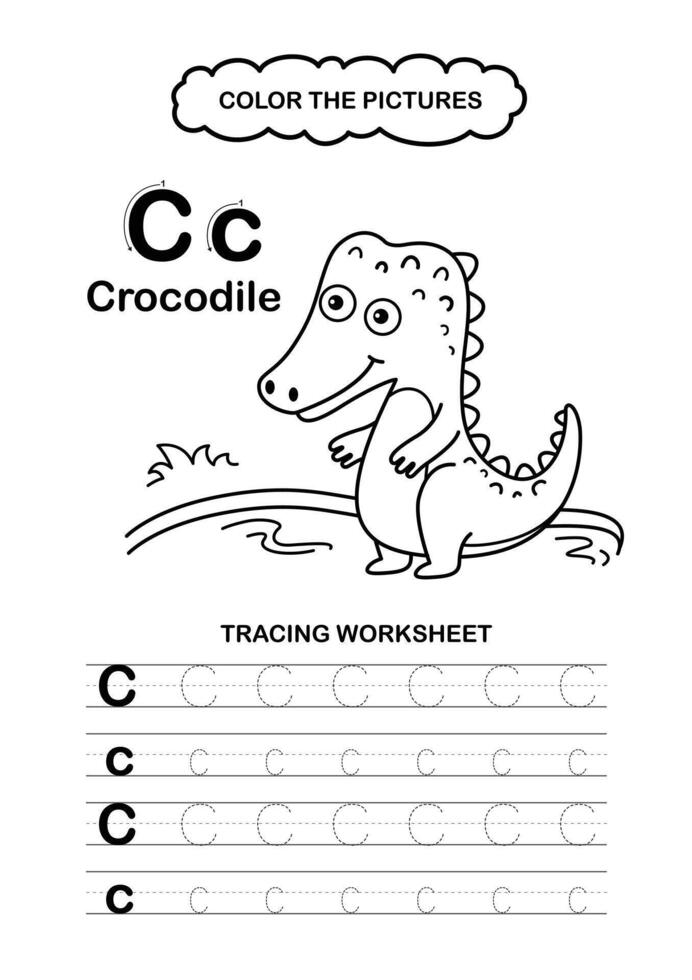 Animal Alphabet Trace and color Letter C Crocodile vector