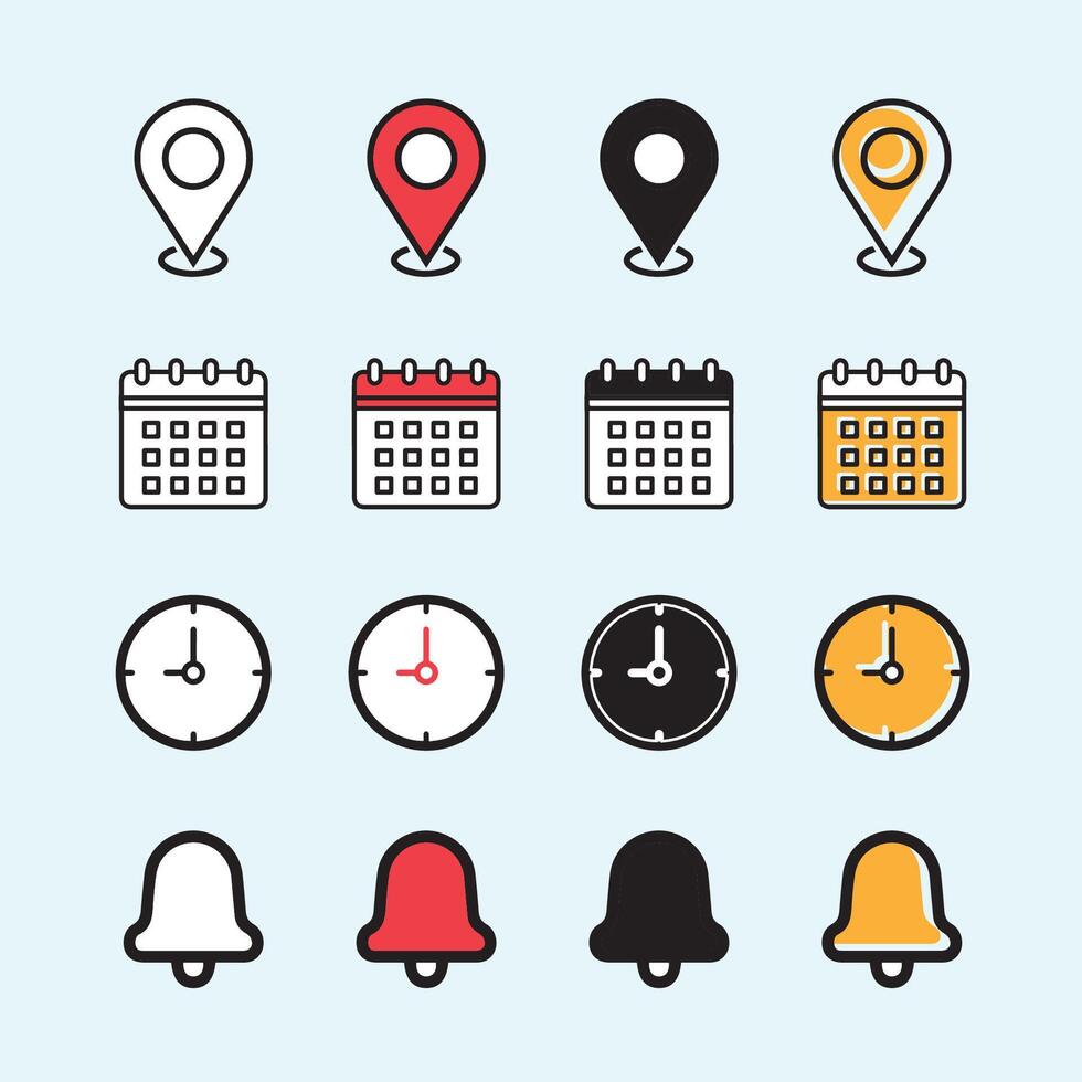 Date, time, address and notification bell icon set. business calendar schedule reminder clock sign and symbols, place pointer map event time isolated colorful vector