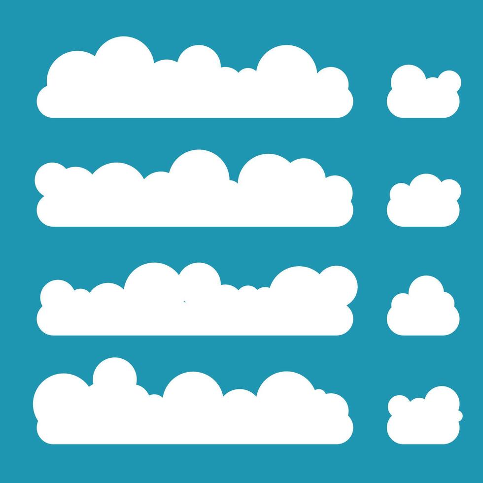 Flat cloud. Simple cloudy shapes. Cartoon white puffy, fluffy and cumulus clouds in blue sky. Abstract comic weather elements vector