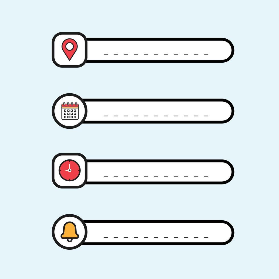 Date, time, address and notification bell icon set. business calendar schedule reminder clock, place pointer map event time elements isolated colorful vector