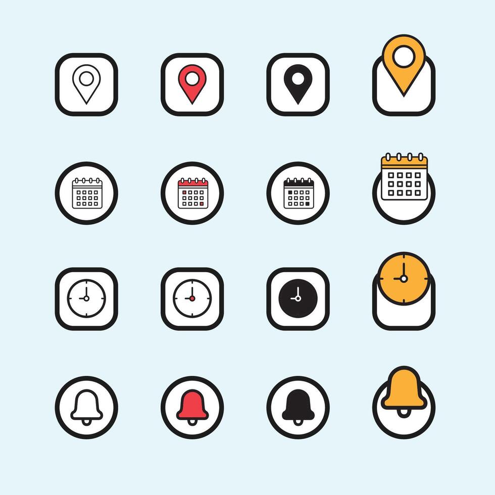 Date, time, address and notification bell icon set. business calendar schedule reminder clock sign and symbols, place pointer map event time elements isolated colorful vector